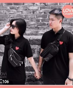 Áo Thun Có Cổ Cặp Đen Thêu Tim đỏ TC106