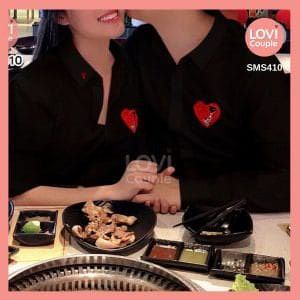 Sơ Mi Cặp Đen Nam Nữ Thêu Tim LOVE SMS410