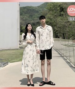 Áo váy cặp trắng họa tiết đi biển E337