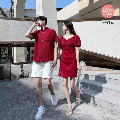 Đồ Đôi Sơ Mi Váy Cặp Đỏ Chụp Hình Hẹn Hò E514