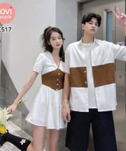 Đồ Đôi Sơ Mi Váy Cặp Trắng Phối Nâu Dễ Thương E517