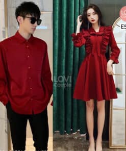 Đồ Đôi Sơ Mi Váy Cặp Đỏ Baby Nơ Dễ Thương E518