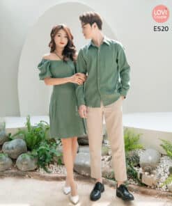 Đồ Đôi Sơ Mi Váy Cặp Xanh Trending Trễ Vai Xinh Xắn E520